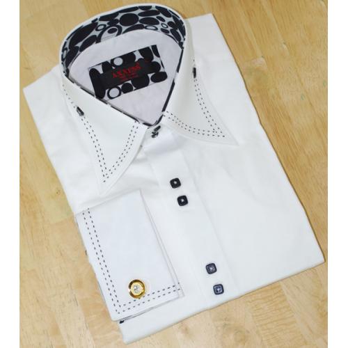 Axxess White With Black Handpick Stitching On Collar And Cuffs 100% Cotton Dress Shirt